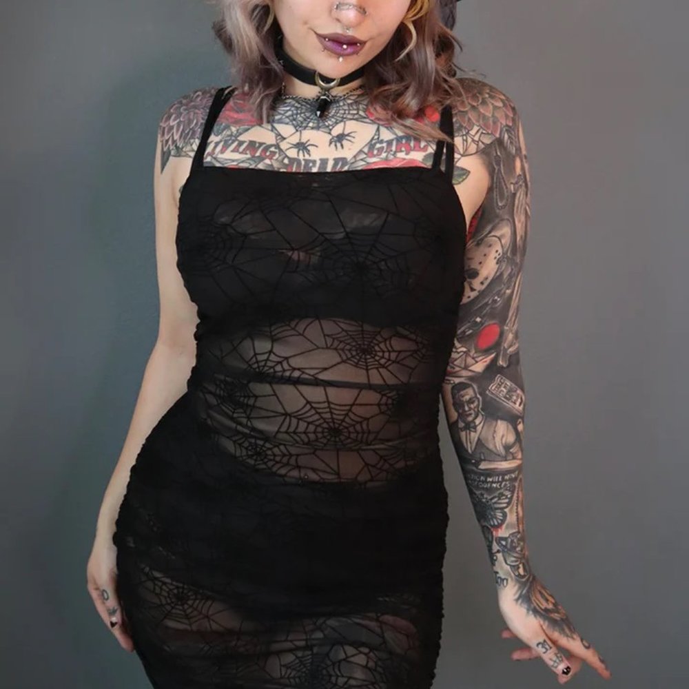 Forest Ink Spider Web Mesh Bodycon Mini Dress